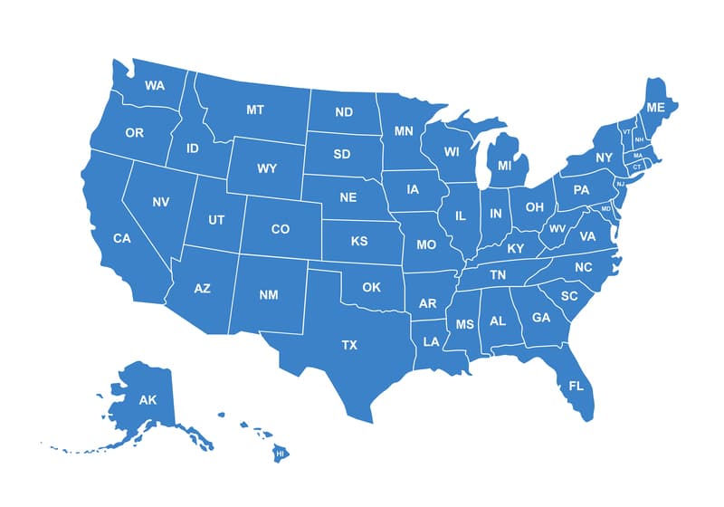 United States map showing supported mental health license states